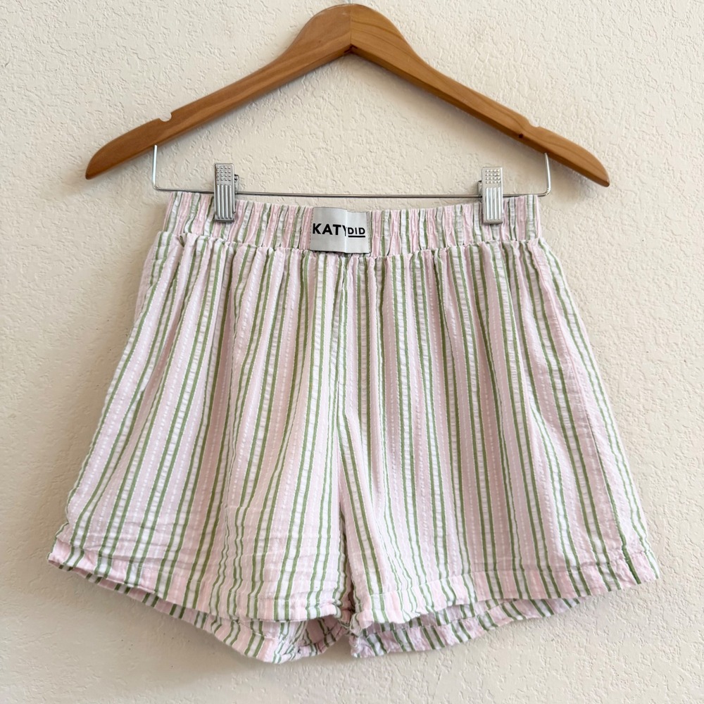 Katydid Womens Pink Green Striped Seersucker Pajama Lounge Shorts Size Medium
